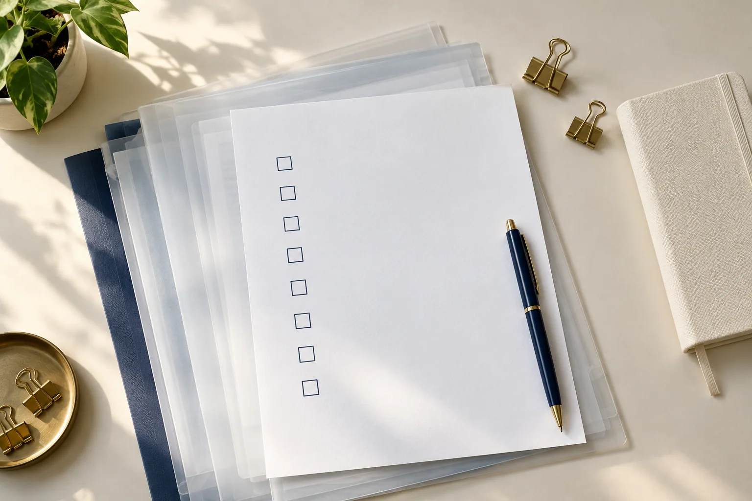 Document sleeves and a checklist prepared for an application