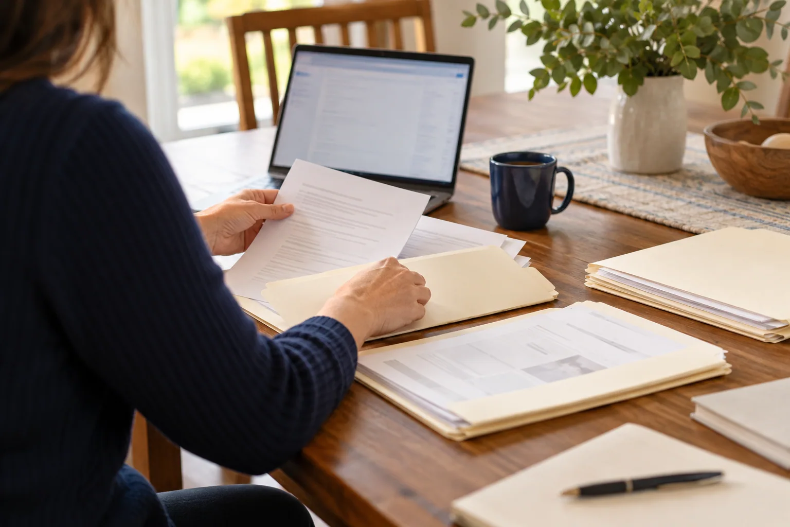 Organizing mortgage assistance paperwork beside a laptop