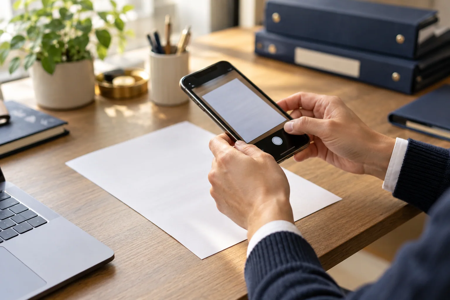 Scanning supporting paperwork beside a laptop