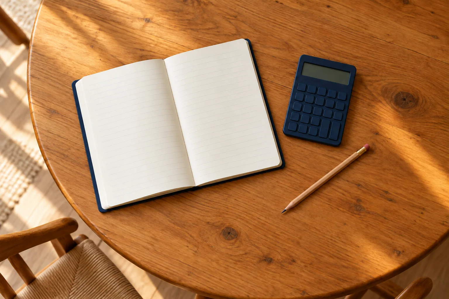 Notebook and calculator arranged for a household budget review