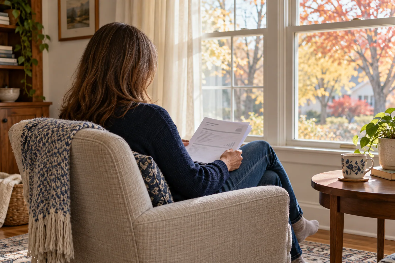 Homeowner reviewing mortgage paperwork beside a bright window