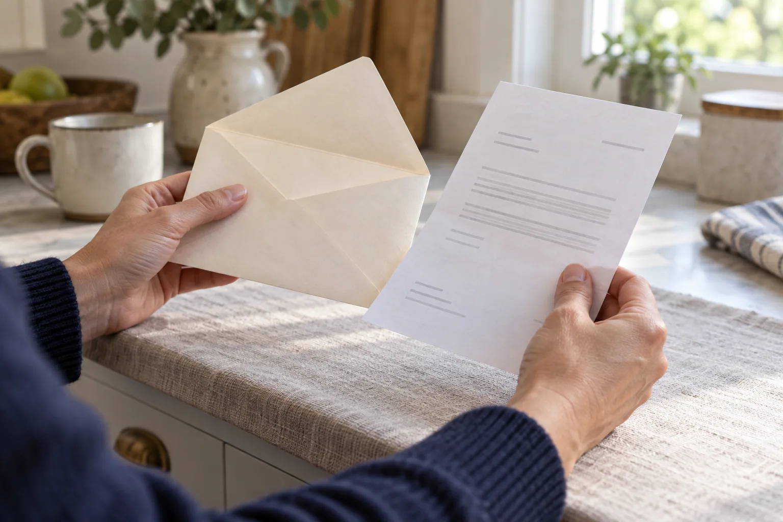 Hands comparing a mailed notice with mortgage documents