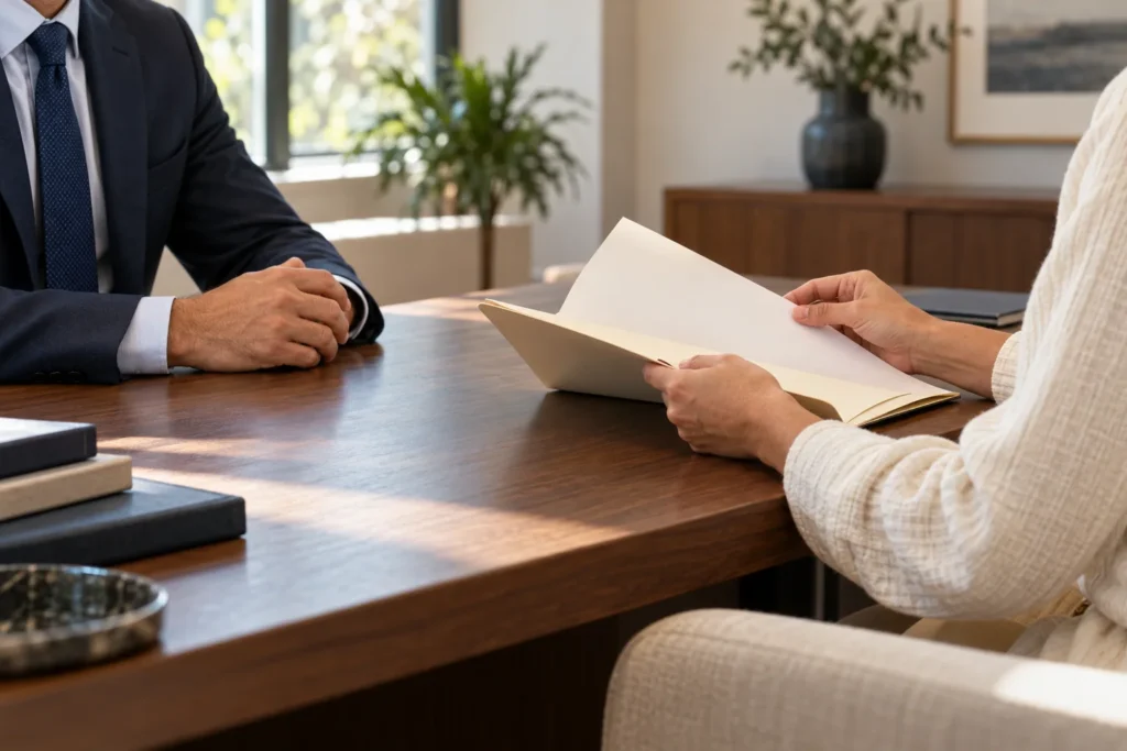 Illustrative consultation scene with a homeowner opening a document folder