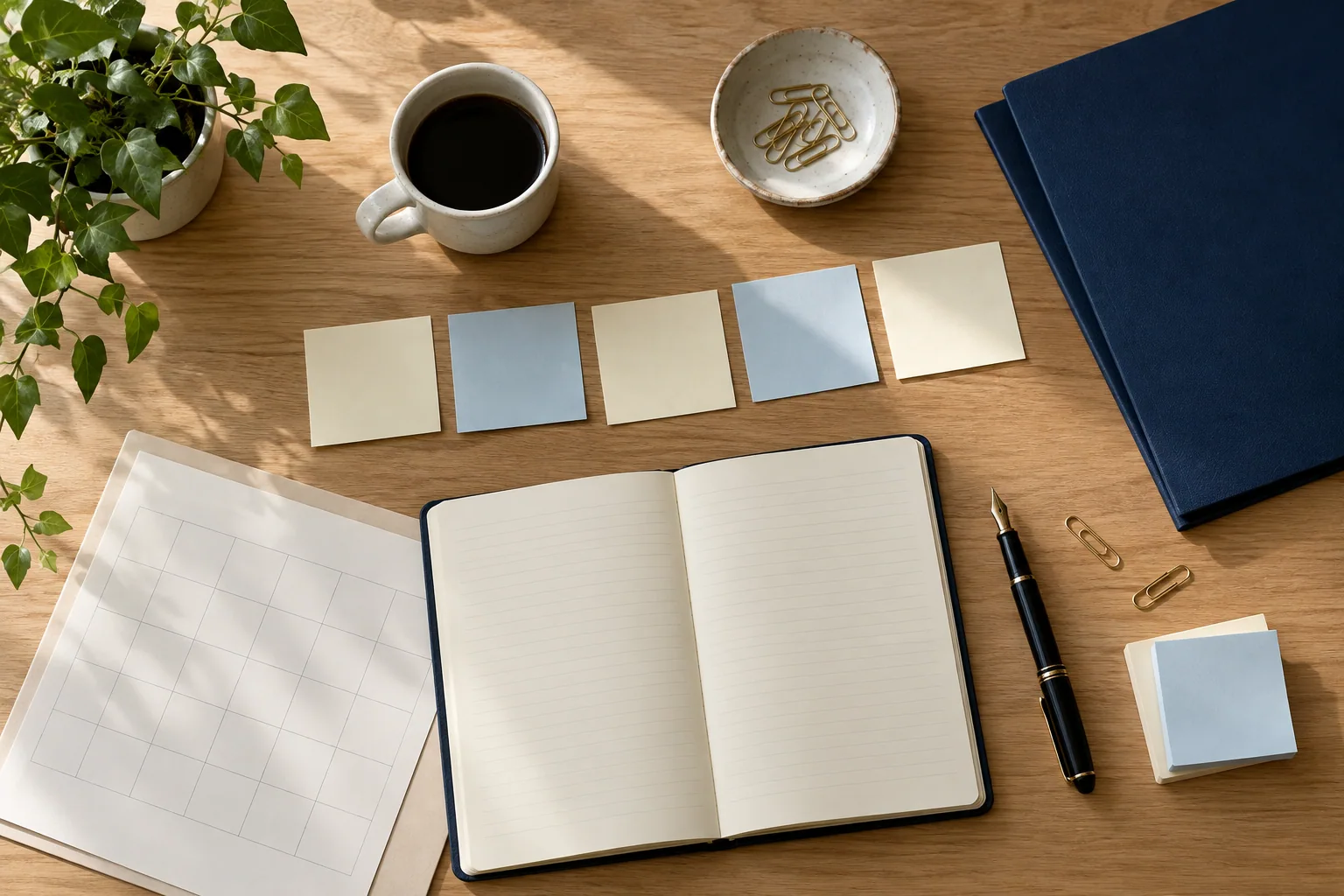 Notebook, calendar, and notes arranged to prepare a timeline