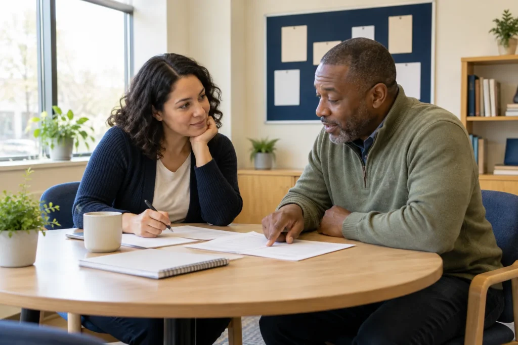 Illustrative housing counseling meeting in an unbranded community office