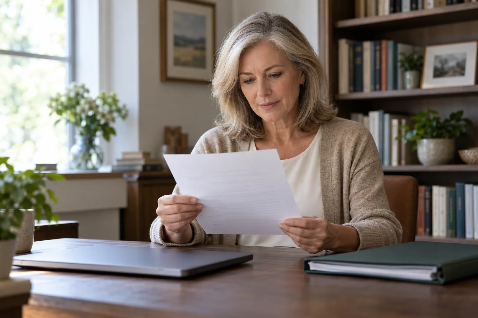 Woman reviewing a response letter beside an organized folder.