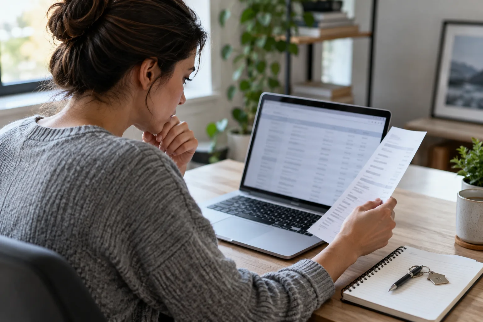 Person comparing printed records with information on a laptop.