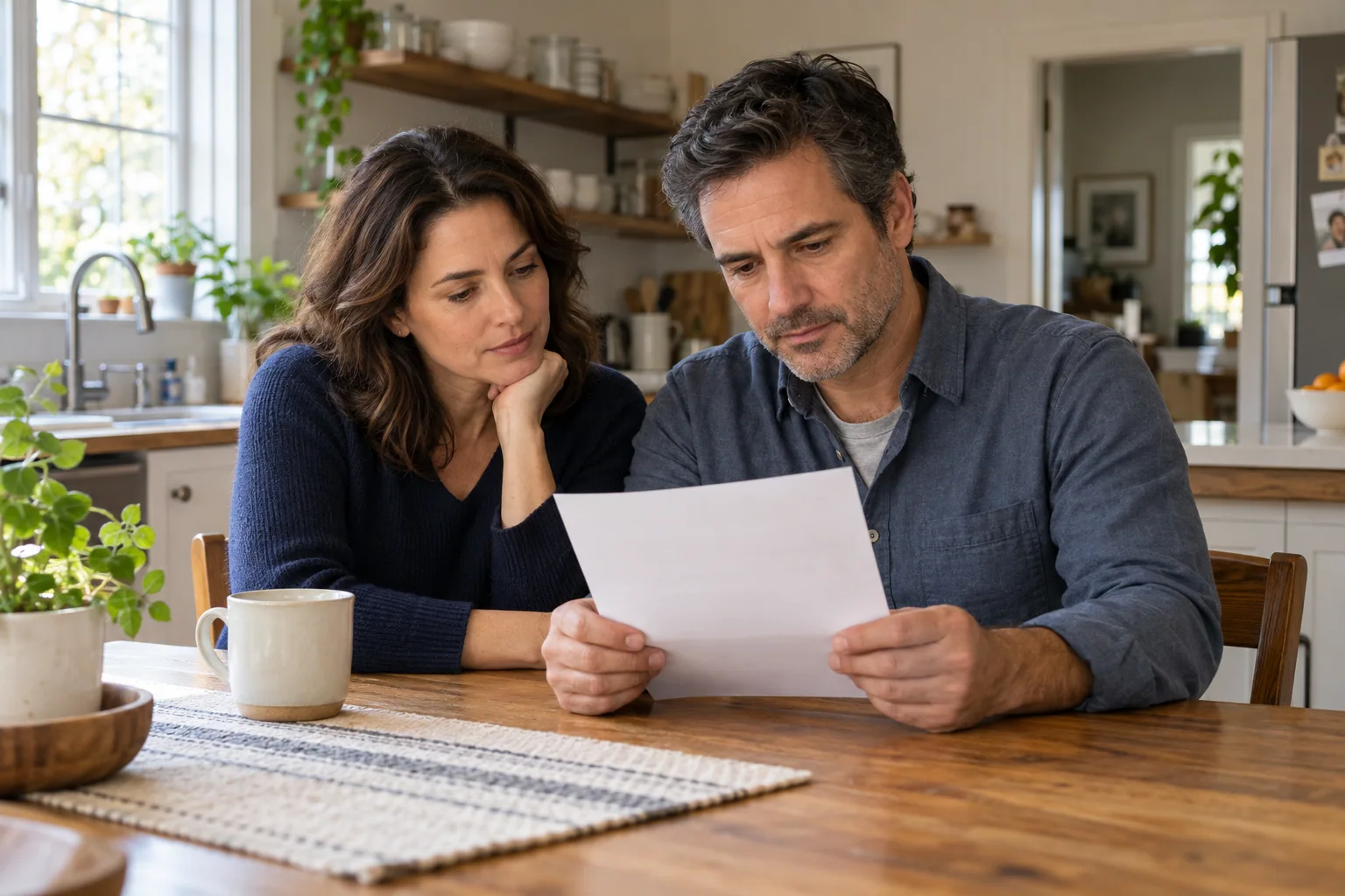 Two adults reviewing a mortgage letter together at a kitchen table