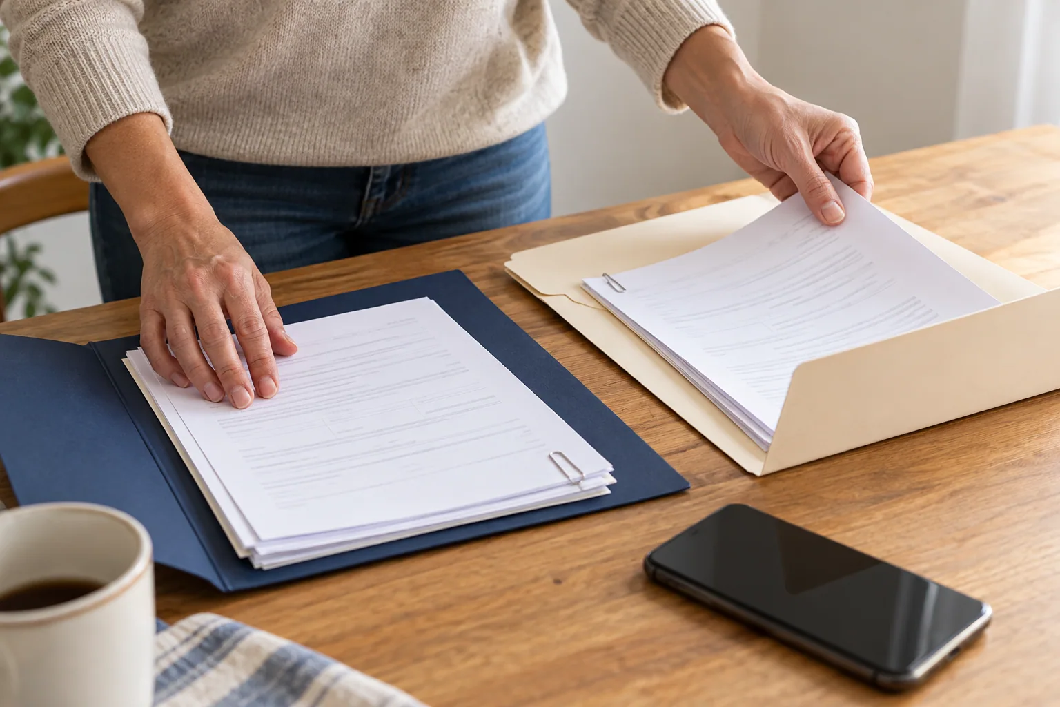 Separate financial document folders arranged beside a phone