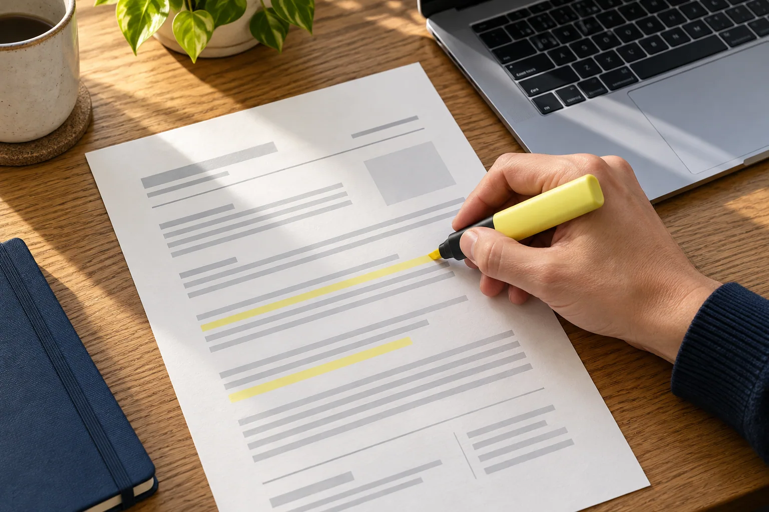 Hand highlighting a document during a financial review