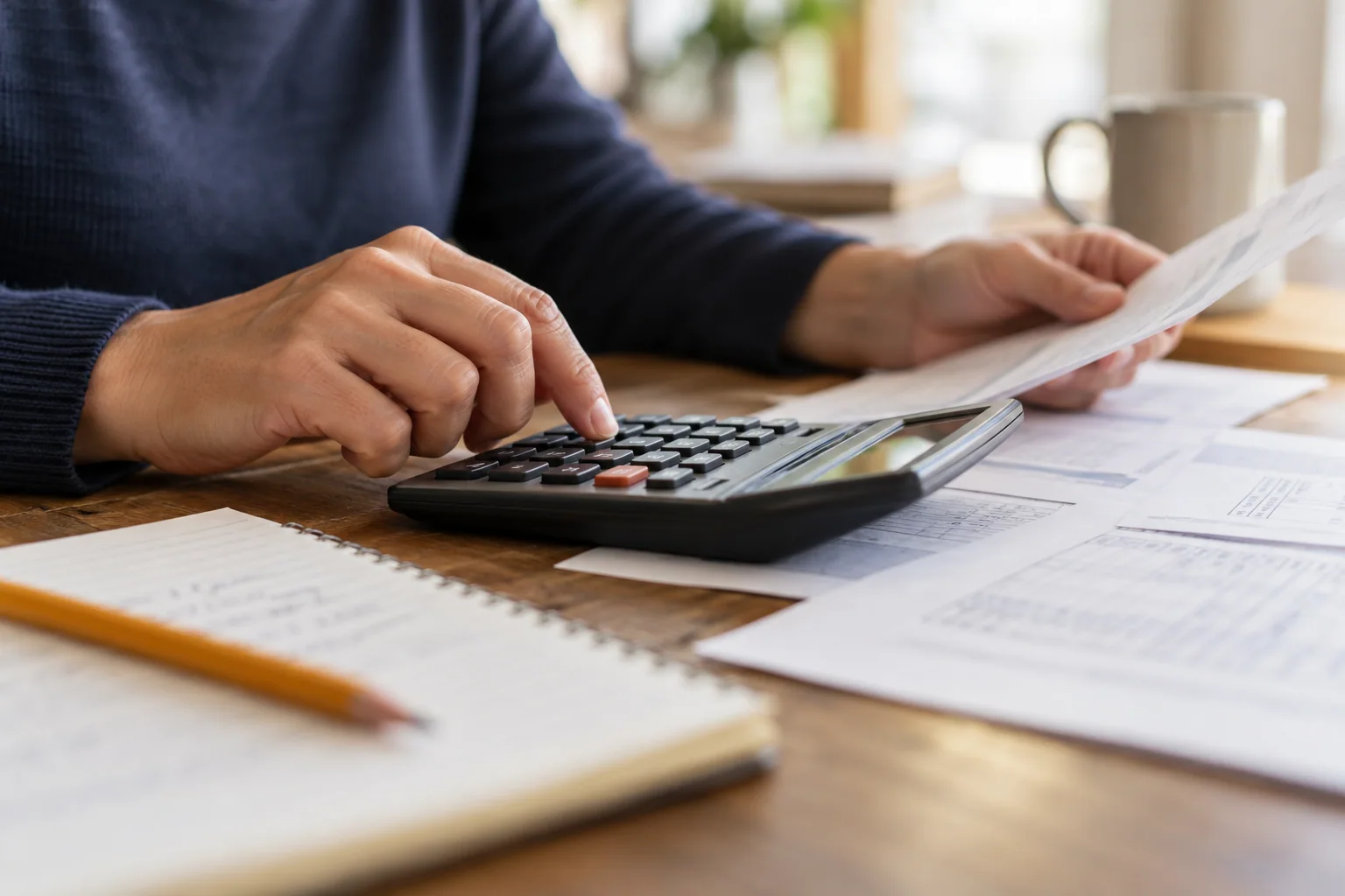 Reviewing household bills with a calculator and notebook