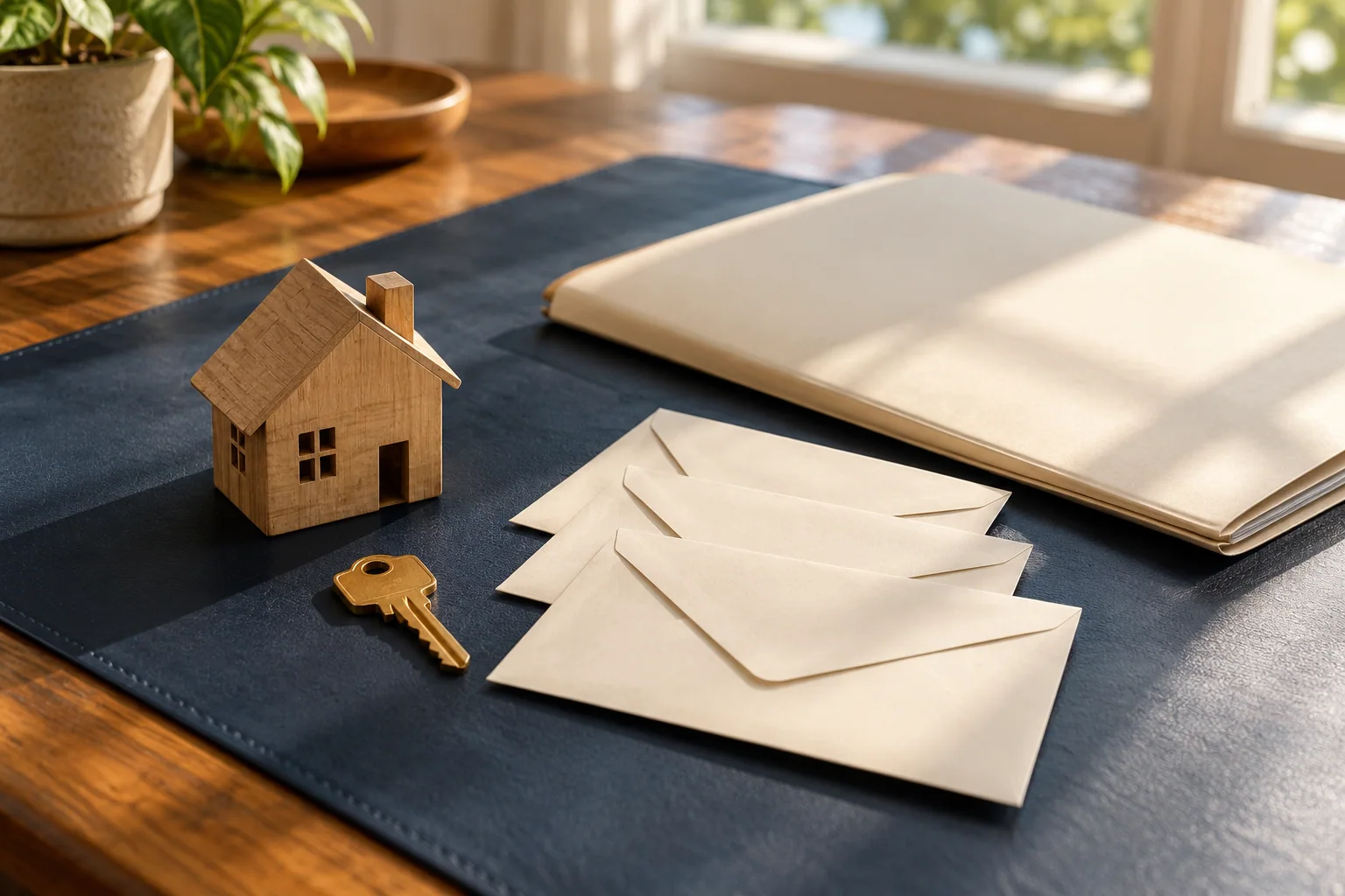 House model, envelopes, and a key representing property expenses