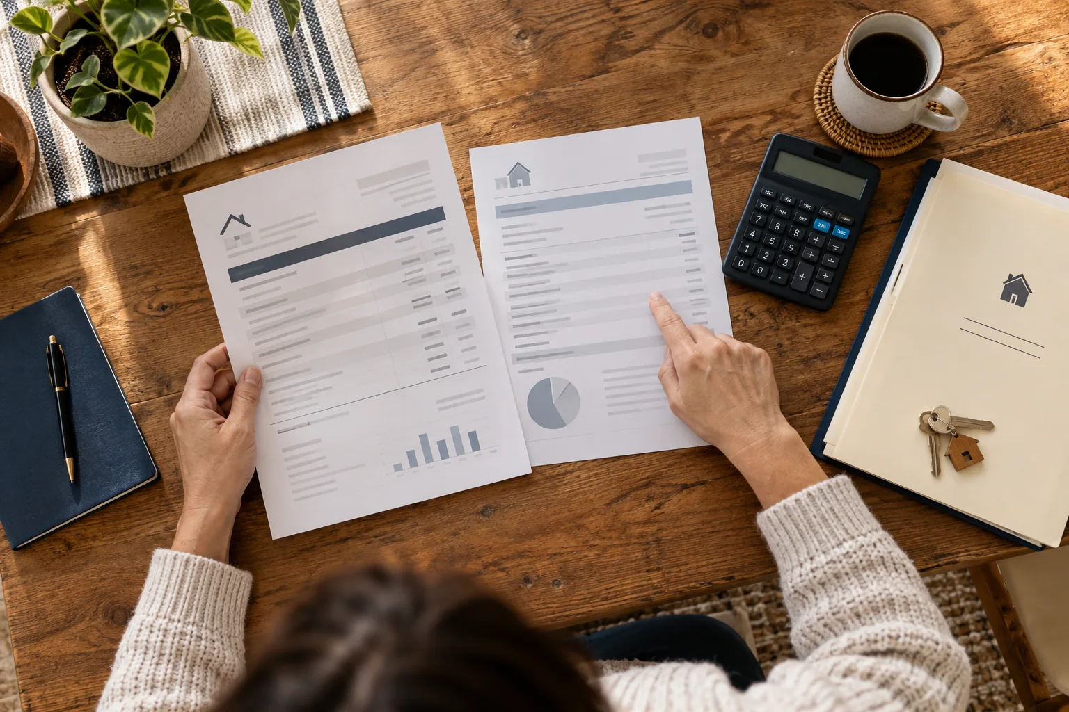 Mortgage statements, calculator, and keys arranged for a household payment review