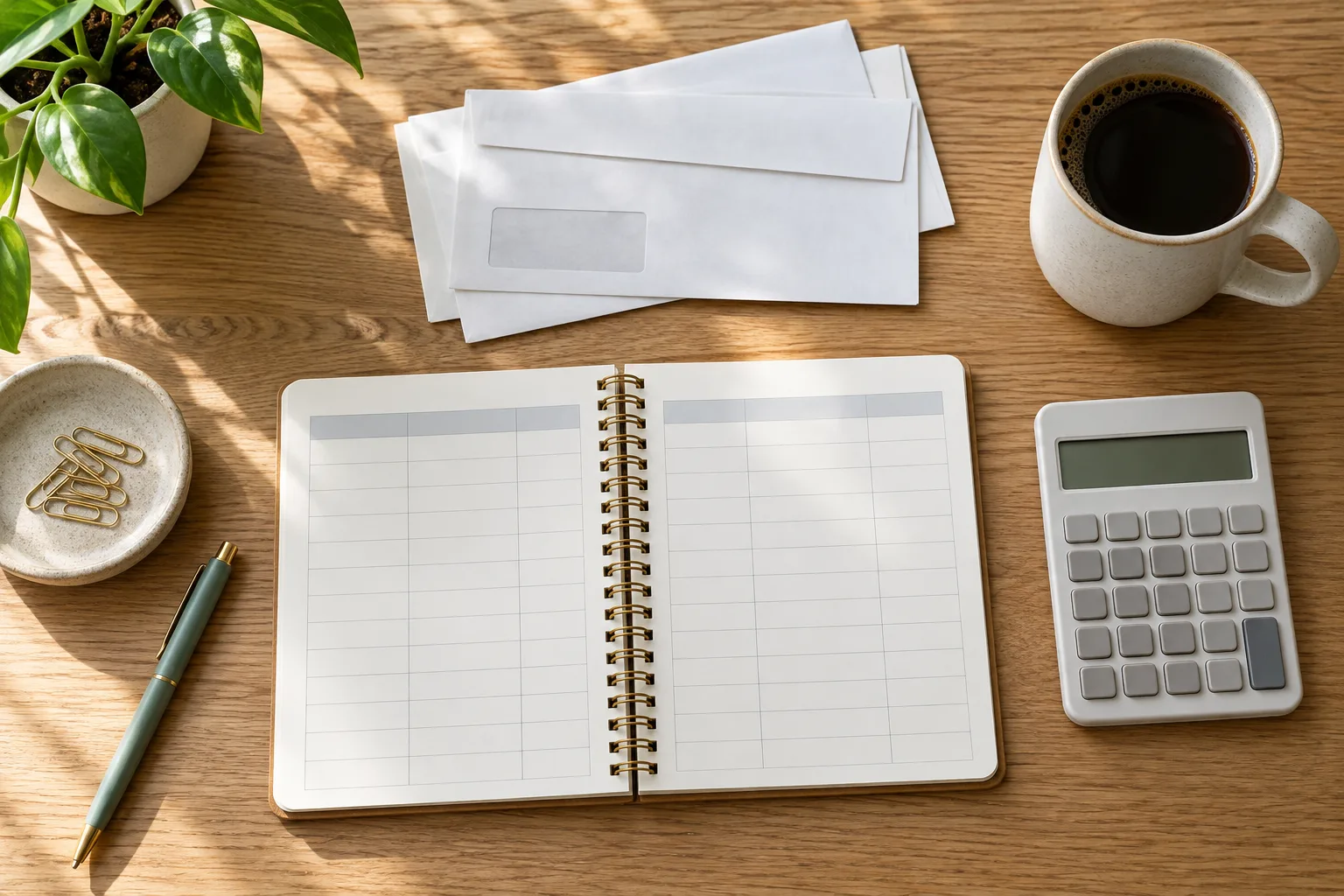 Budget notebook, calculator, and household envelopes arranged on a desk.