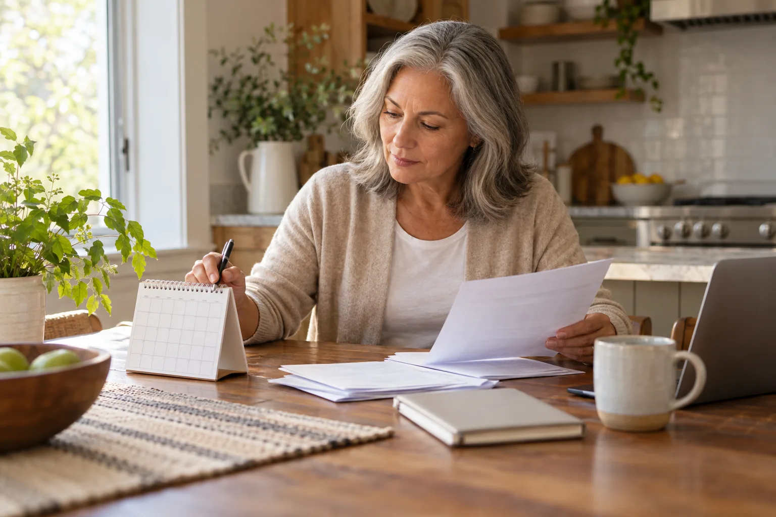 Homeowner reviewing a calendar and mortgage paperwork at a kitchen table.
