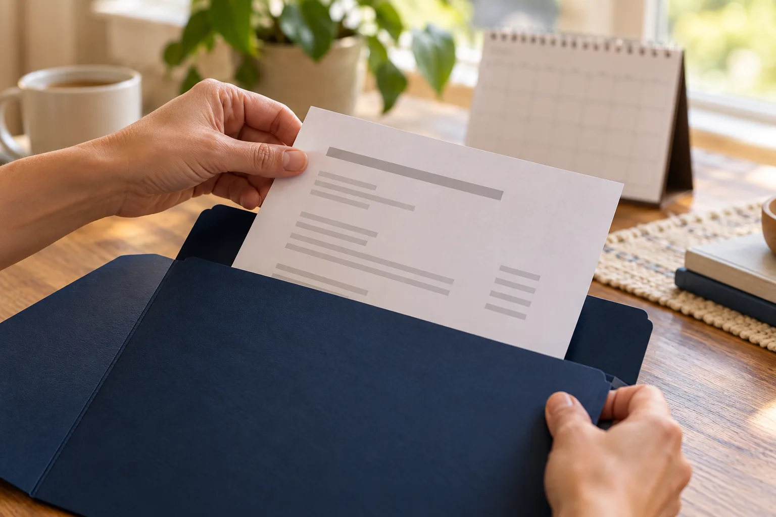 Hands filing written payment instructions in a navy folder.