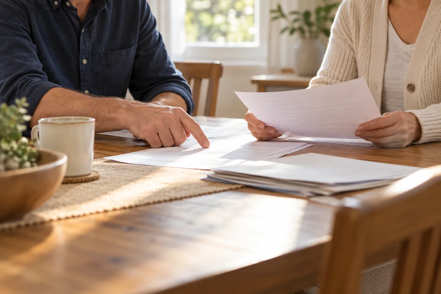 Family members discussing property paperwork at a table