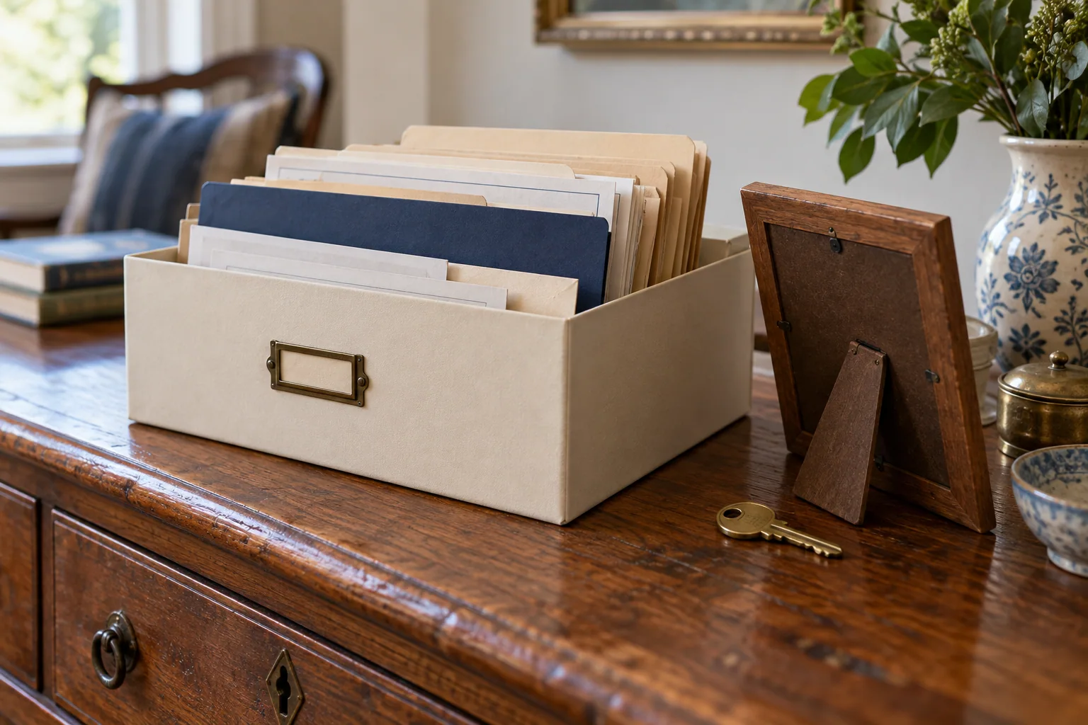 Archive box containing organized family and property records