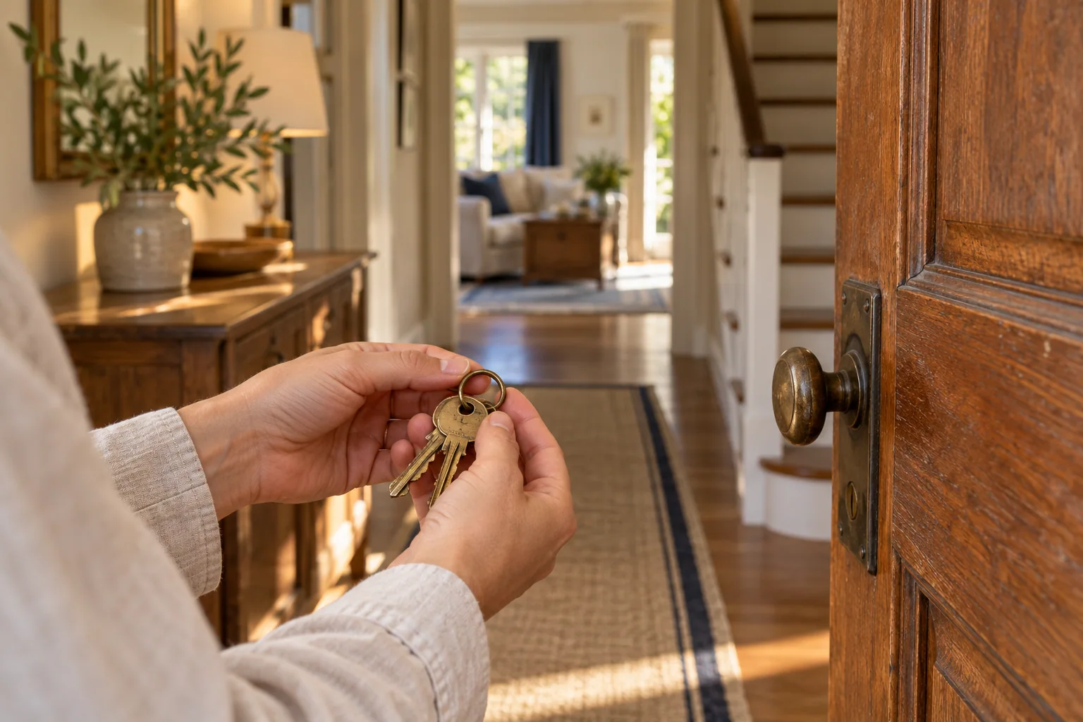 Hands holding house keys at a residential doorway