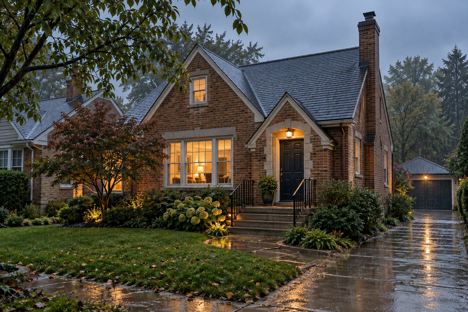 Suburban brick house viewed during gentle rain