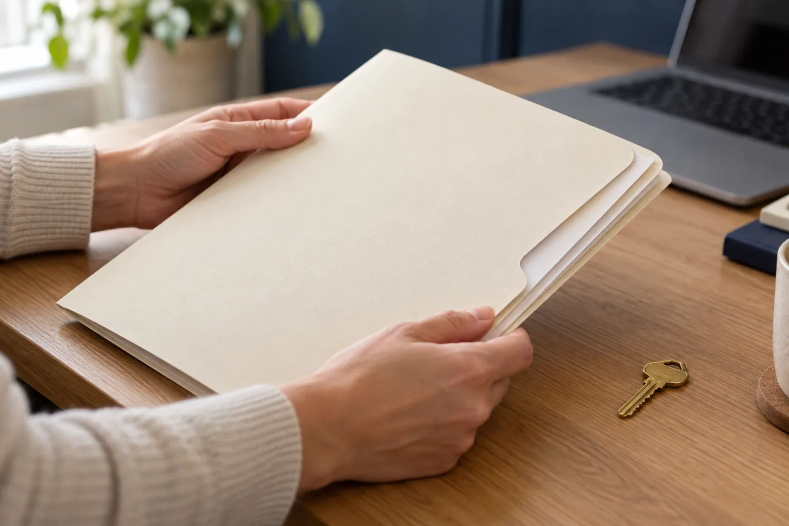 Reviewing homeowners insurance paperwork beside house keys