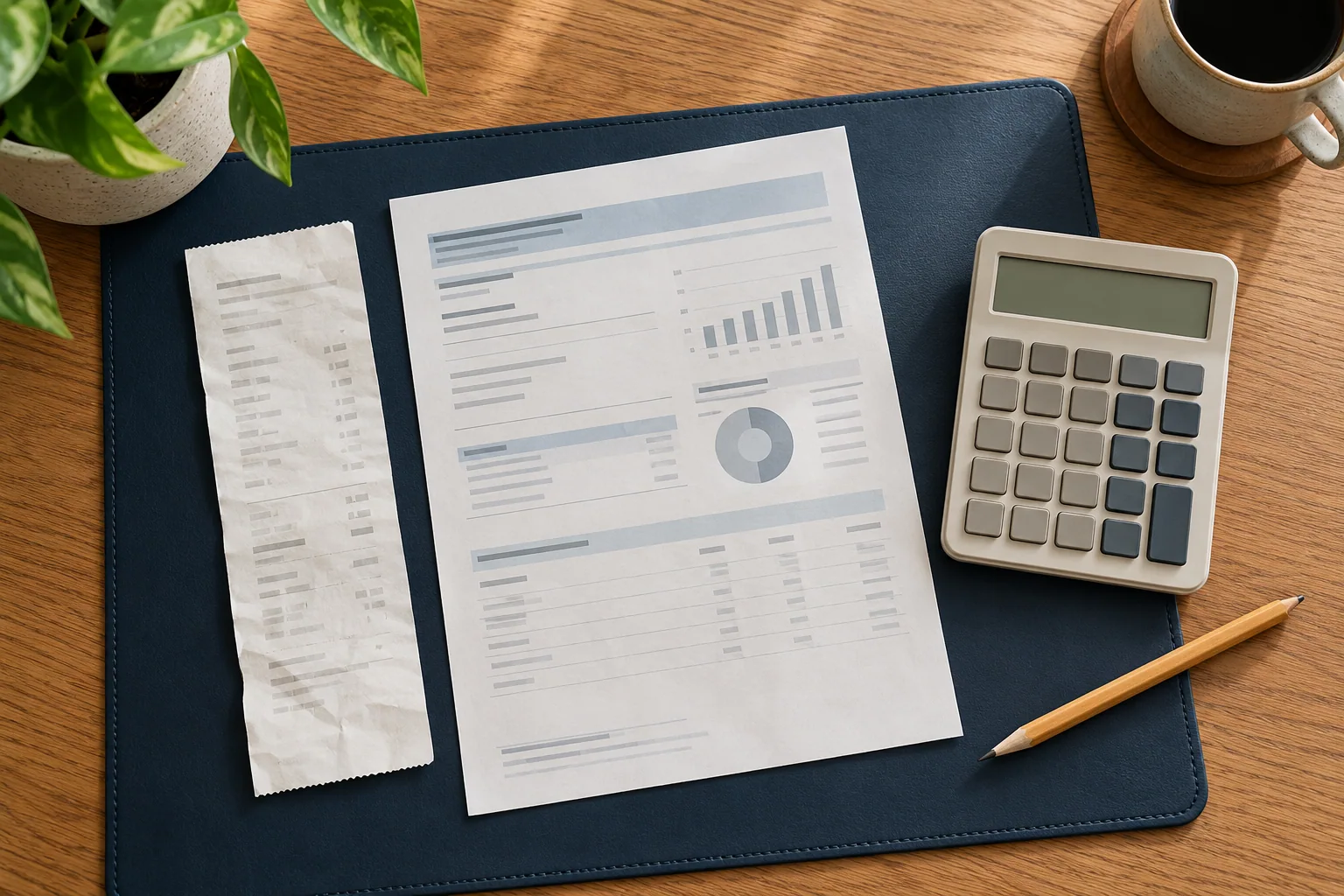 Payment receipt, mortgage statement, and calculator arranged for review