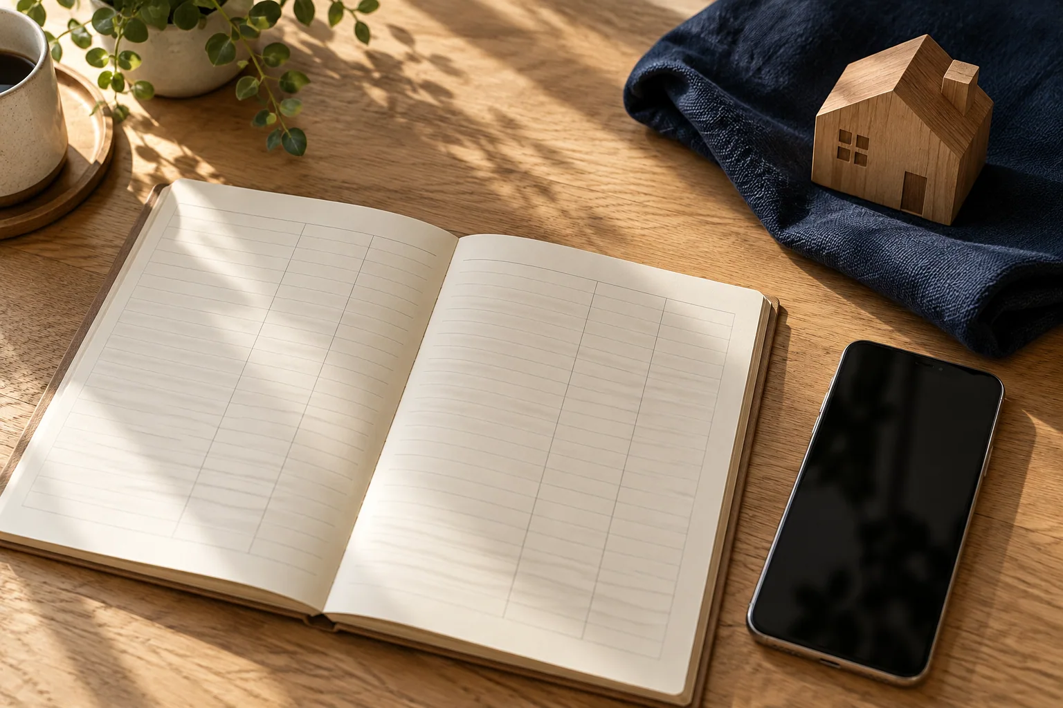 Household budgeting notebook, phone, and wooden house model