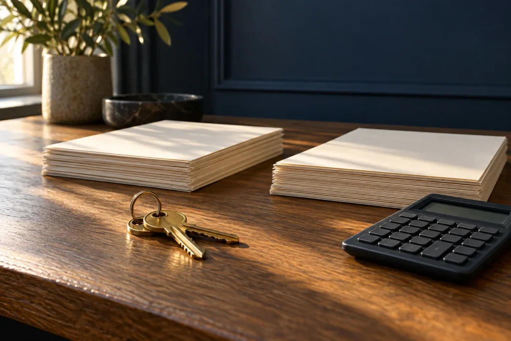 Home keys and separate financial document stacks on a desk