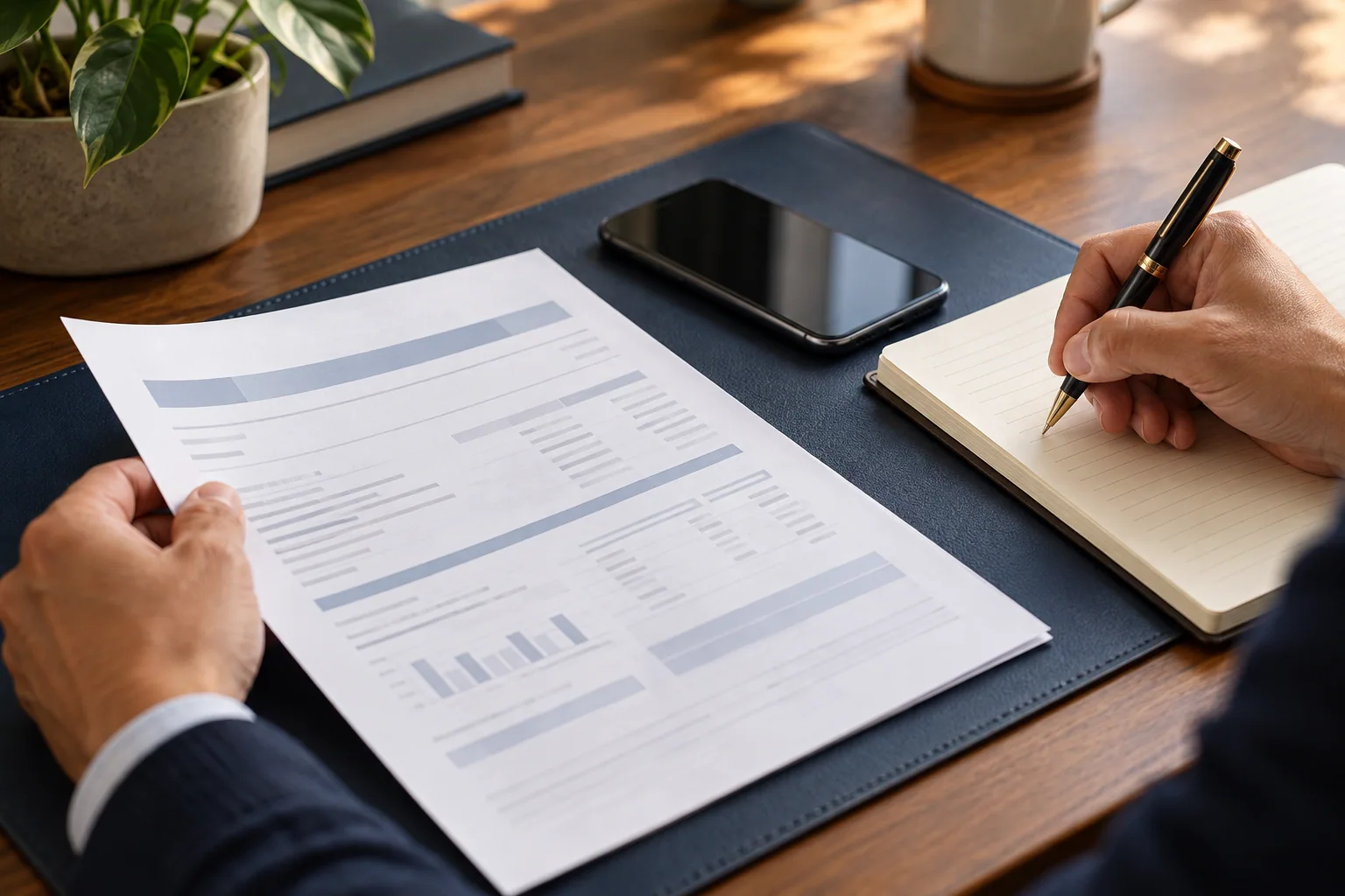 Reviewing a financial statement and recording questions in a notebook