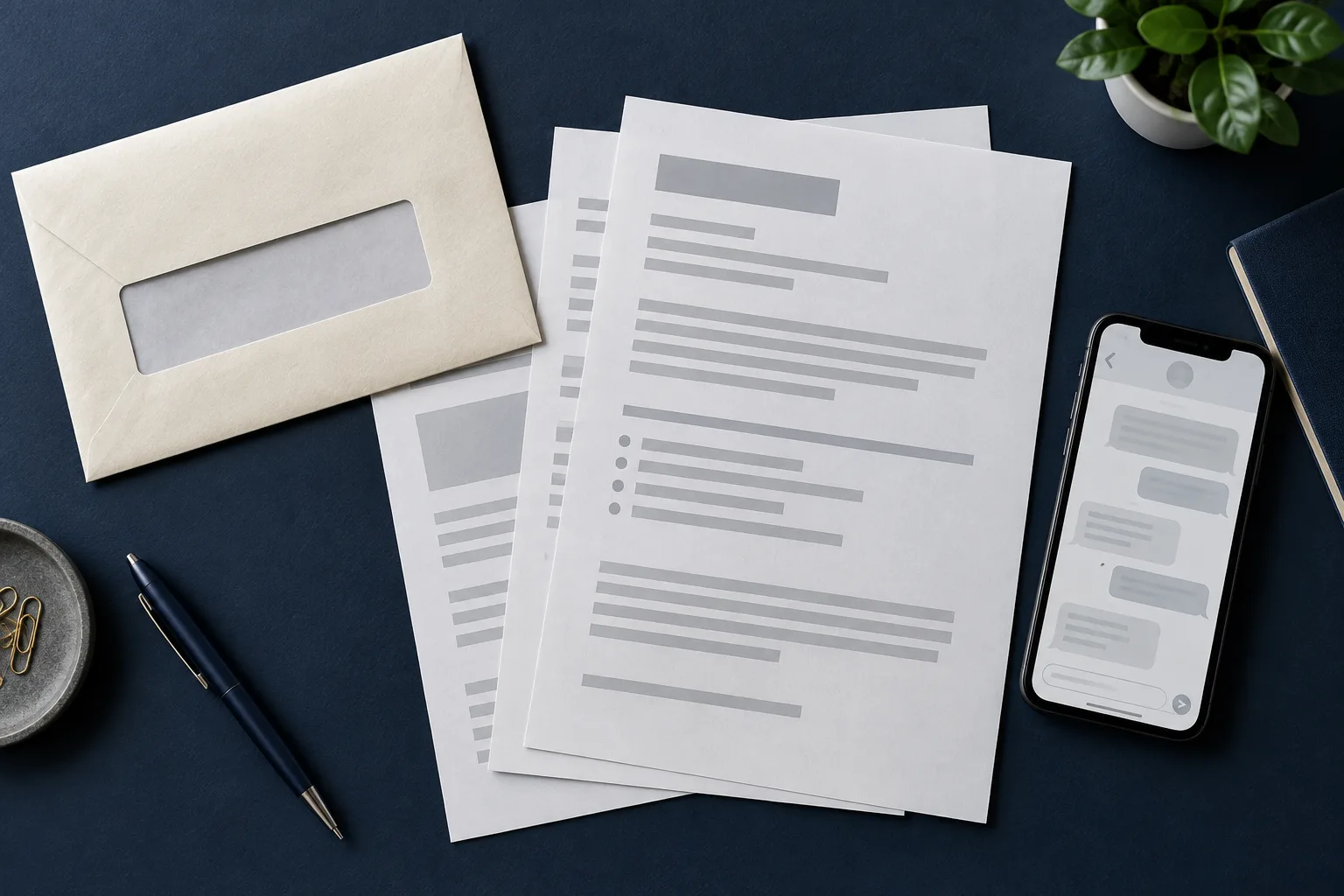 Messages, an envelope, and a smartphone arranged for record review.