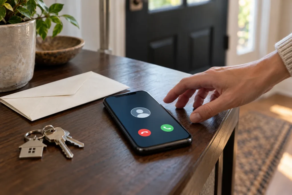Incoming phone call beside an envelope and house keys.