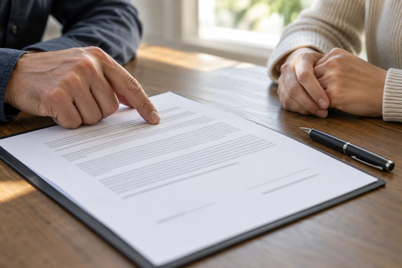 Two people reviewing an agreement before signing.