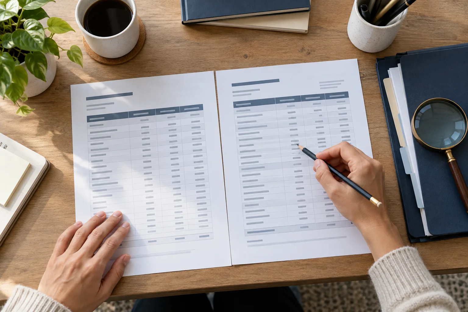 Mortgage statements compared with a pencil and magnifying glass.