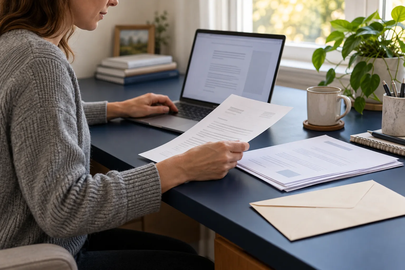 Person preparing a written letter with supporting records beside a laptop.
