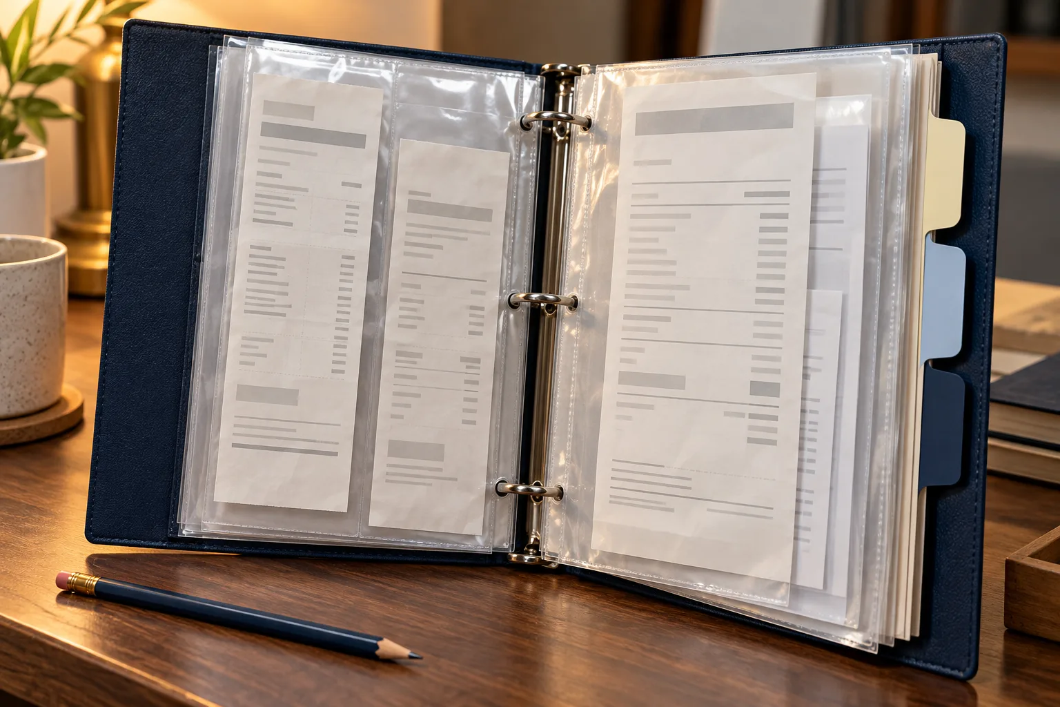 Organized binder containing payment records in clear sleeves.