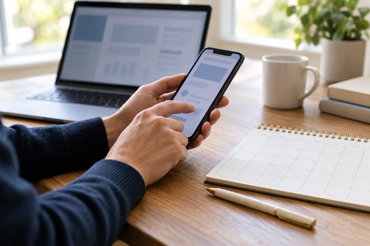 Reviewing automatic payment settings beside a calendar and laptop