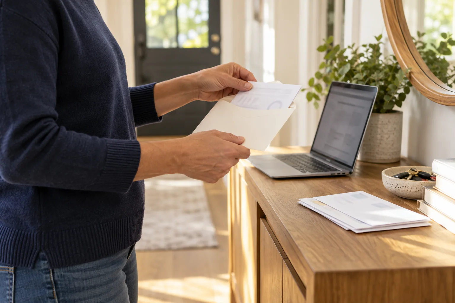 Homeowner opening mortgage mail in a sunlit entryway