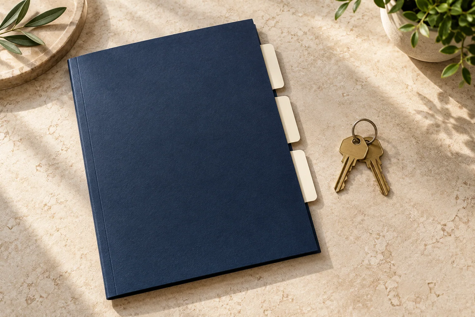 Closed navy folder and house keys prepared for an agreement review