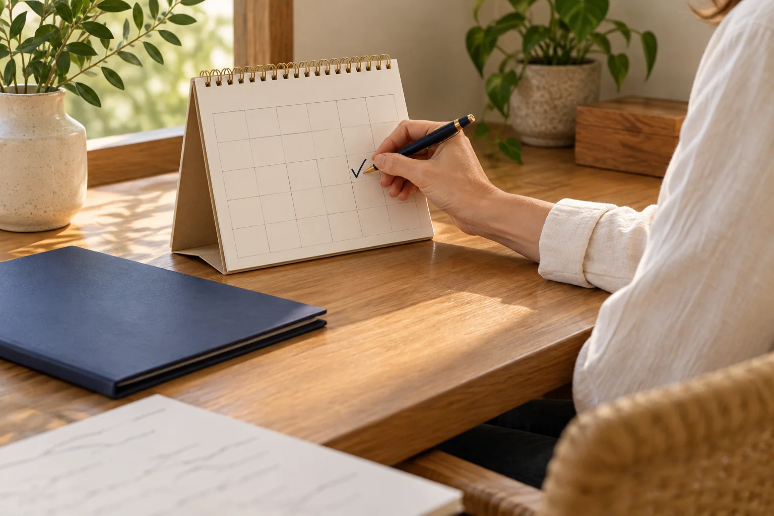 Homeowner tracking a payment on a desk calendar beside a folder