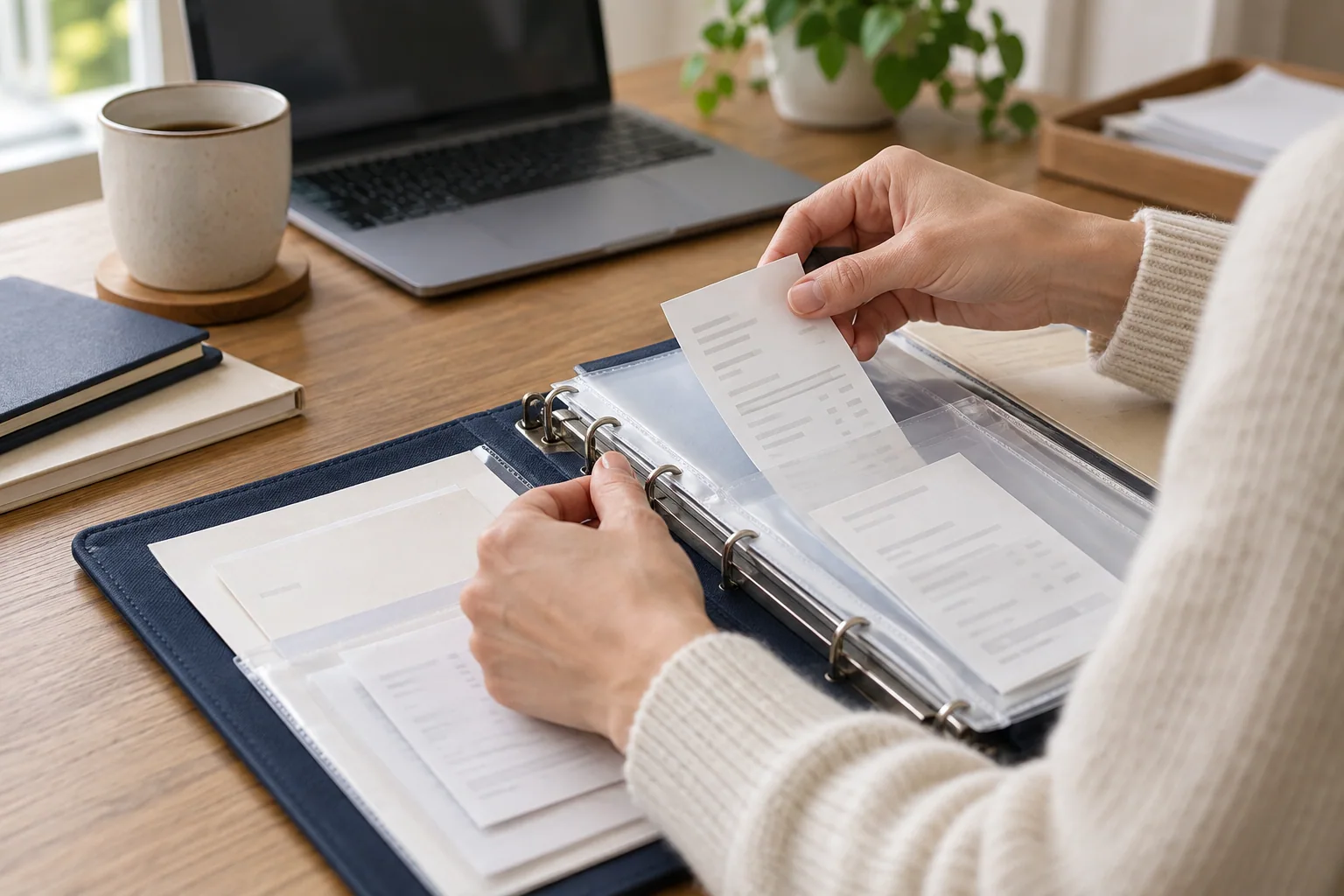 Organizing a payment receipt in a document sleeve beside a laptop